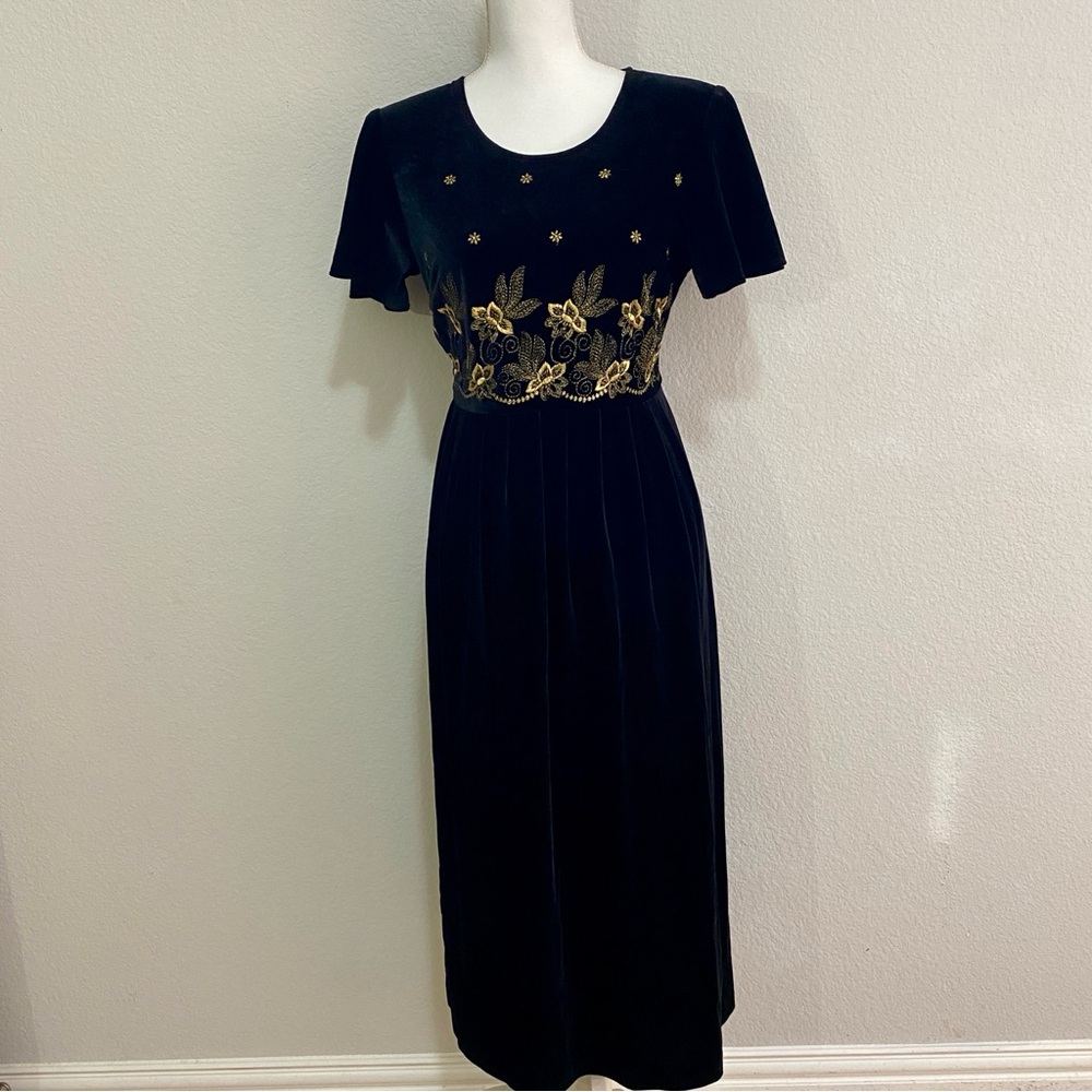 Vintage 90s Another Thyme Black Velvet Gold Embroidered Maxi‎ Dress Petite 10P